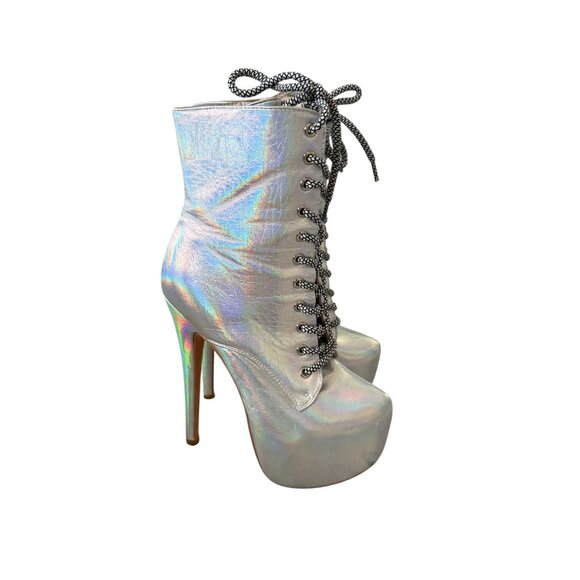 IRIDESCENT Silver Metallic Platform Heels Boots Size US 6 - Picture 7 of 12